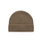 A brown knitted beanie with a ribbed cuff and a smooth top, featuring a logo on the side.