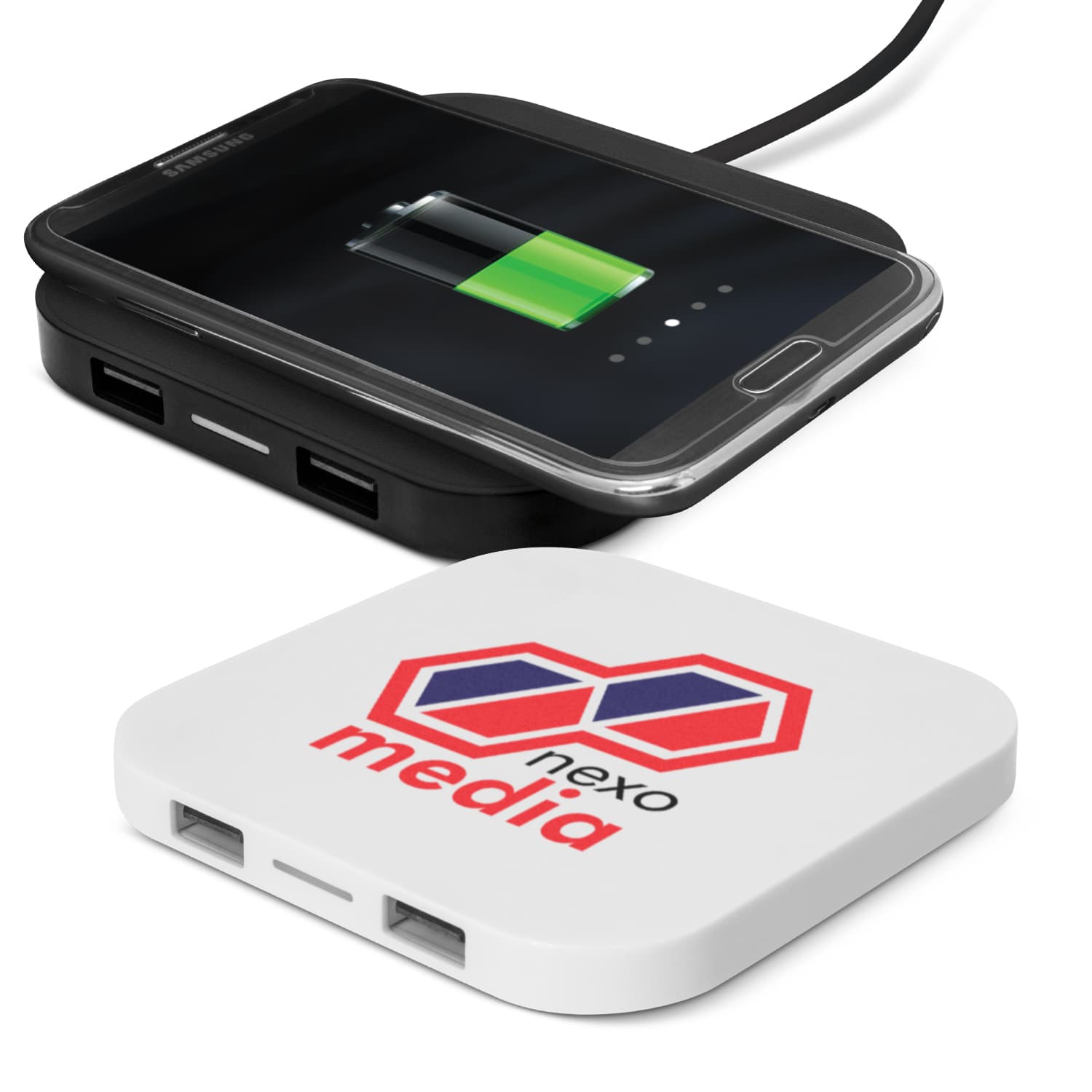 A wireless charging hub in black and white, featuring two USB ports, with a smartphone displaying charging status. Impulse Wireless Charging Hub - Image 1