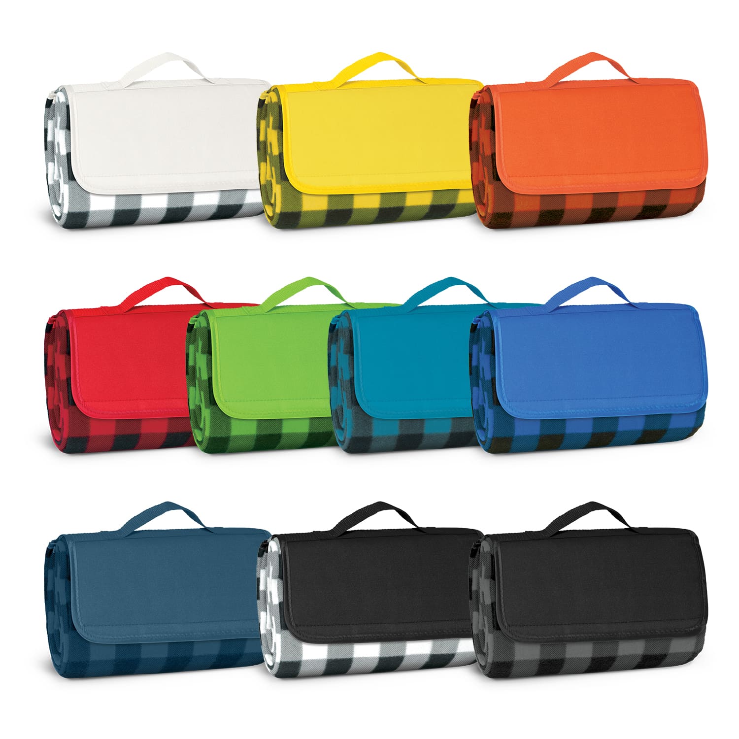 Variety of Alfresco Picnic Blankets in multiple colours, including white, yellow, orange, red, green, blue, and black, with handles. Alfresco Picnic Blanket - Image 1