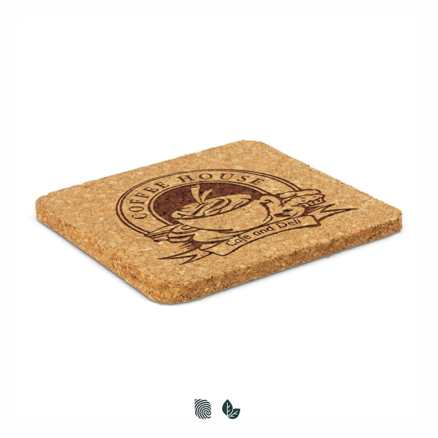 A square cork coaster in a natural brown hue featuring an embossed logo design. Oakridge Cork Coaster - Square - Image 1