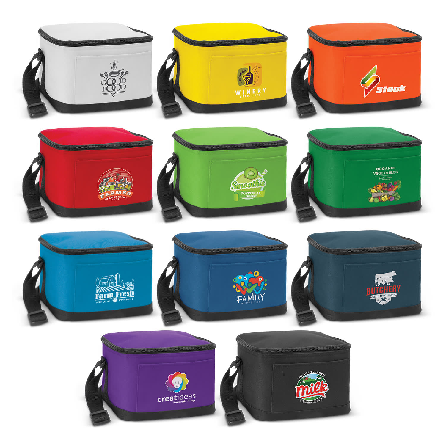 A collection of vibrant cooler bags in various colours, each featuring unique designs and logos. Bathurst Cooler Bag - Image 1