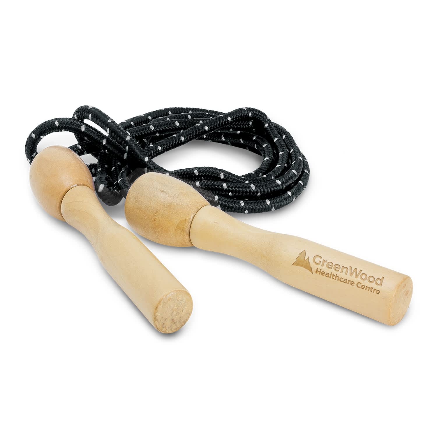 A skipping rope with wooden handles and a black rope featuring white dots, branded with a logo. Rally Skipping Rope - Image 1
