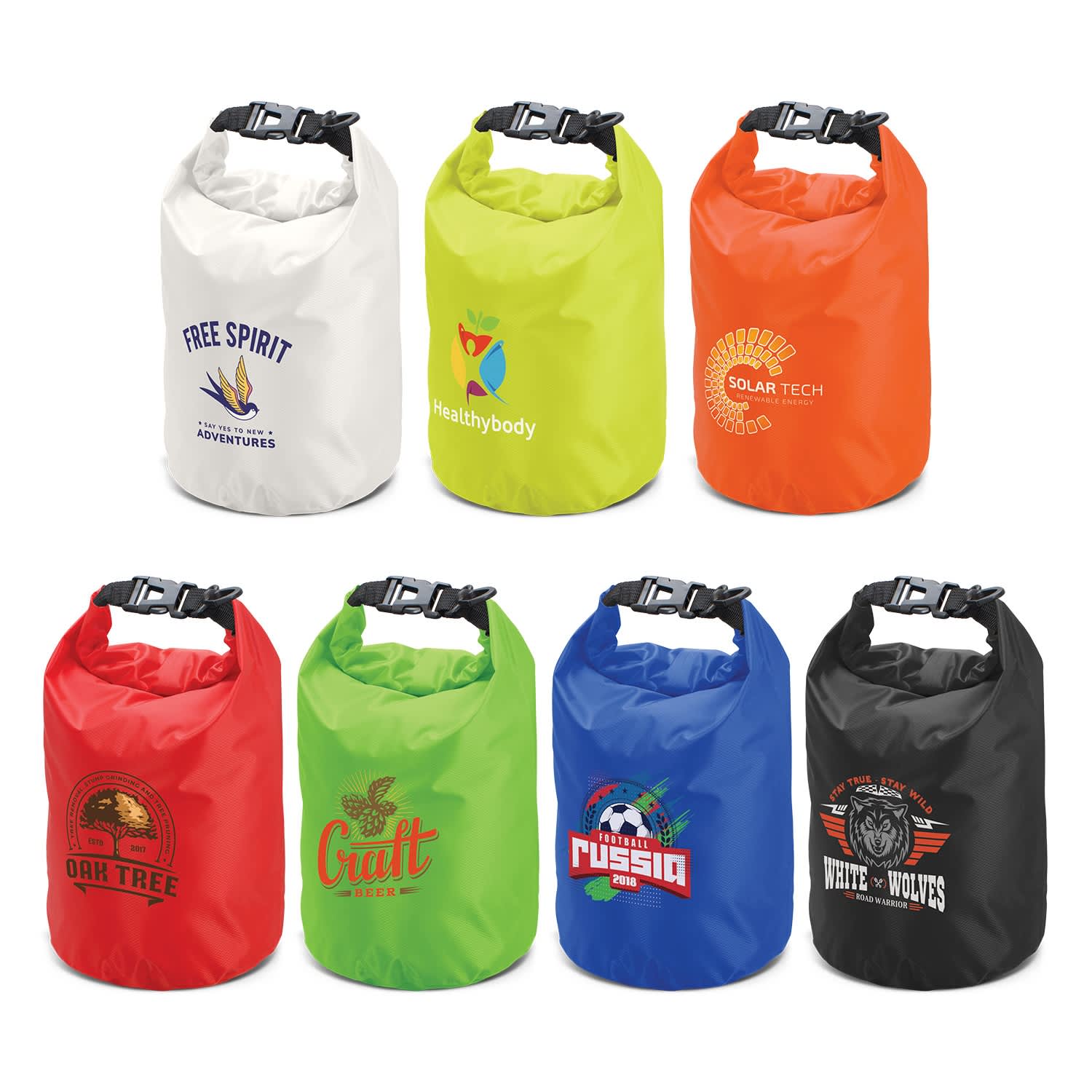 A collection of eight 5L dry bags in various colours, including white, orange, red, green, blue, and black, each with a logo. Nevis Dry Bag - 5L - Image 1