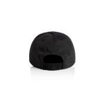 A black cap with an adjustable back. The cap features a logo on the side.