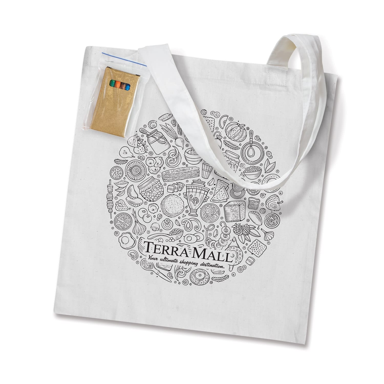 A white tote bag featuring a detailed black line drawing design and a small colour palette attached. Sonnet Colouring Tote Bag - Image 1