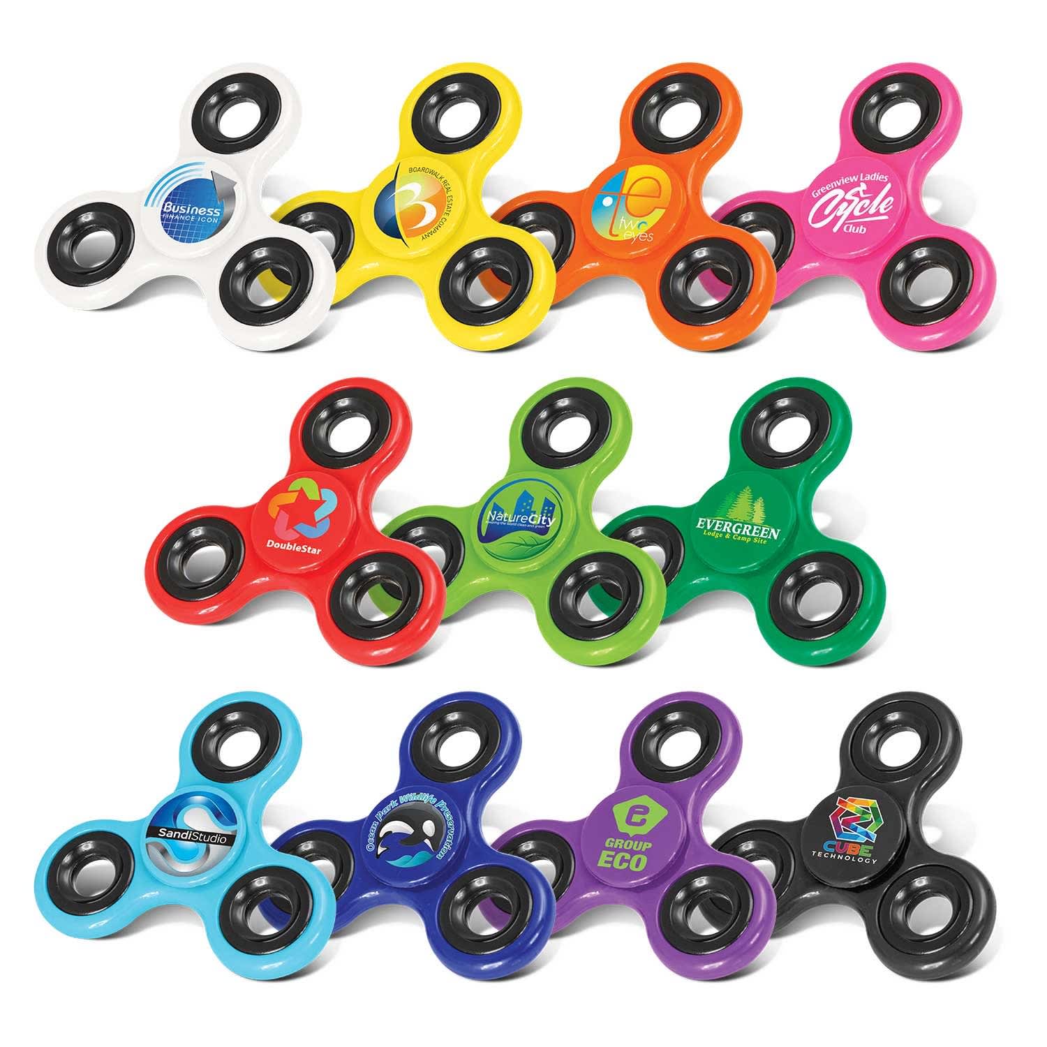 A collection of fidget spinners in various colours, including yellow, green, blue, and red, displayed with black accents. Fidget Spinner - Image 1