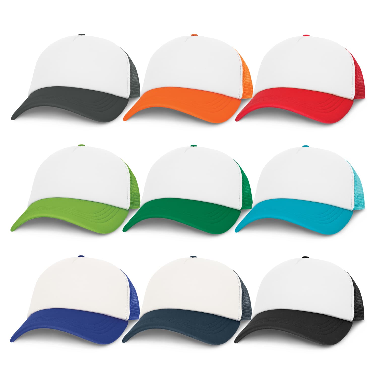 A collection of Cruise Mesh Caps featuring white fronts with various coloured mesh sides: black, orange, red, green, teal, navy, and blue. Cruise Mesh Cap - White Front - Image 1
