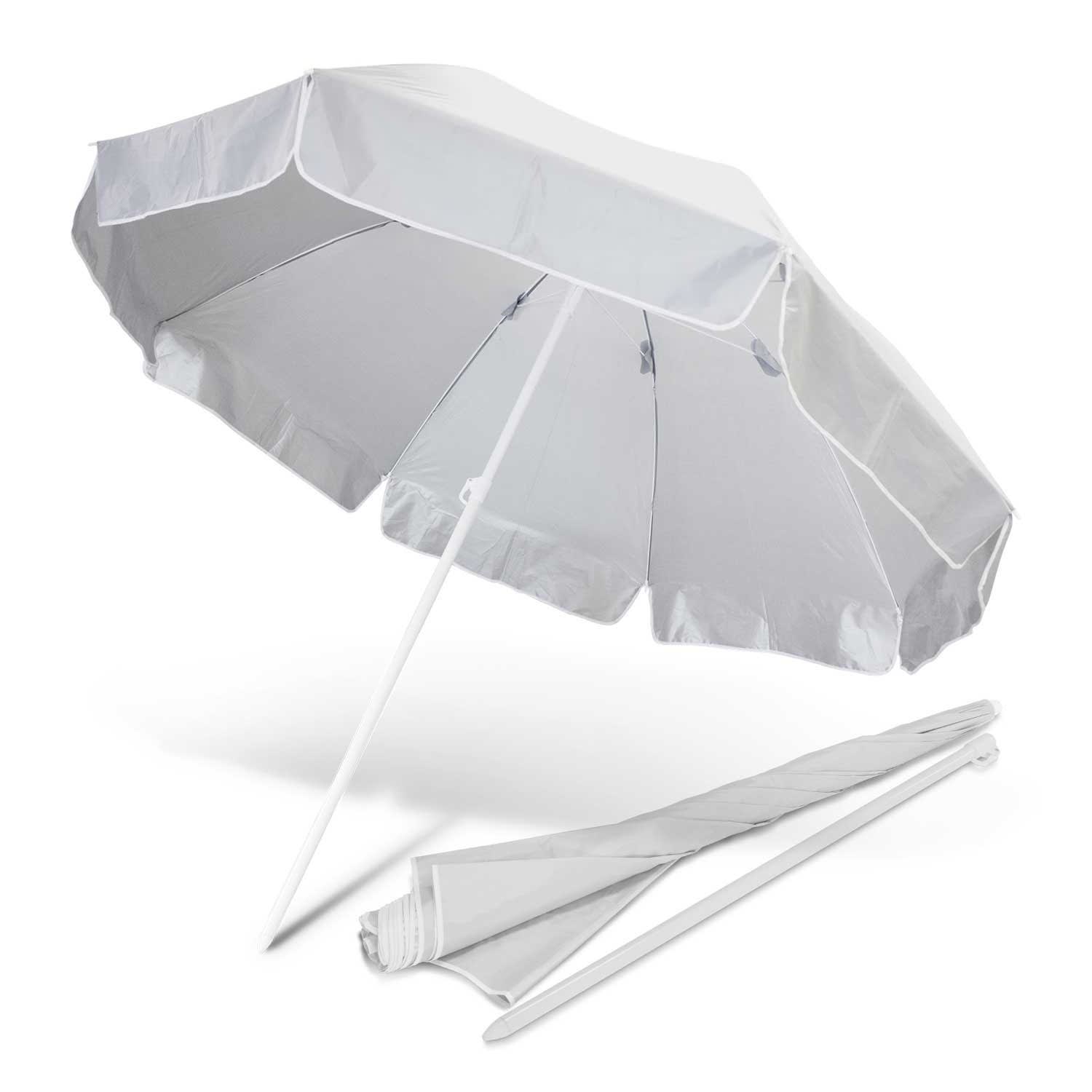 A Bahama Beach Umbrella in grey, featuring a white pole and a folding design for easy transport. Bahama Beach Umbrella - Image 1