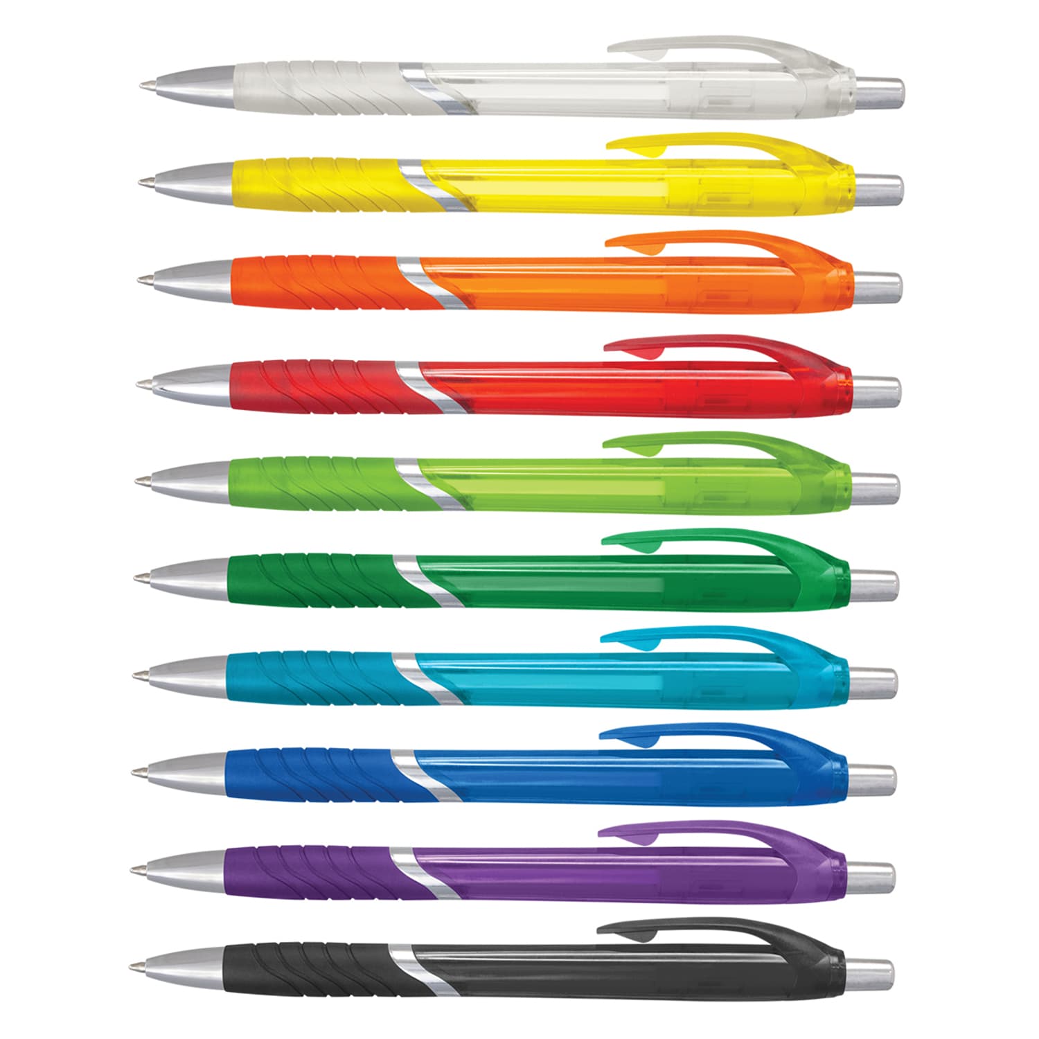 A line of ten plastic pens in various translucent colours: clear, yellow, orange, red, green, blue, purple, and black, with silver accents. Jet Pen - Translucent - Image 1