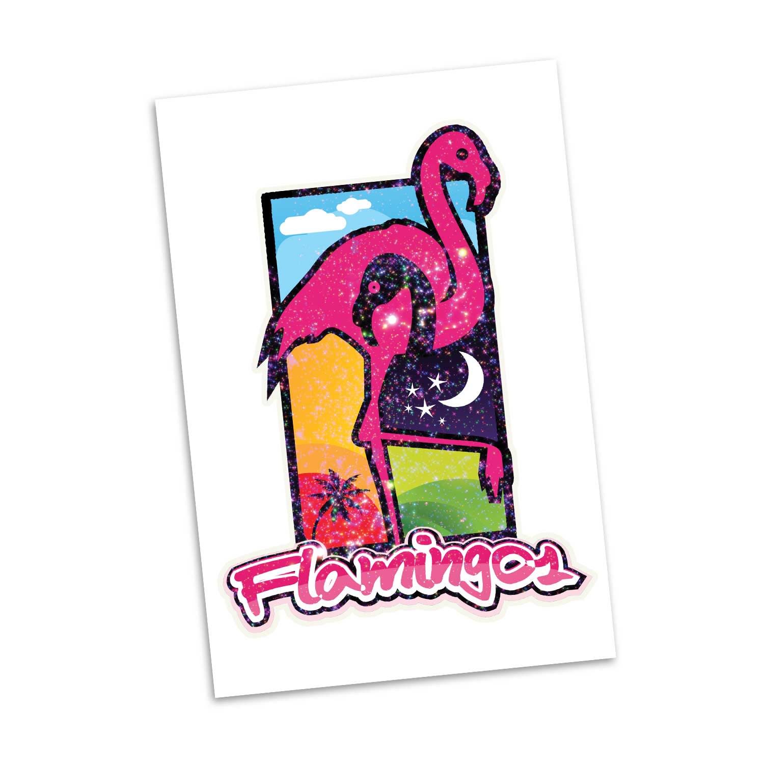 A glitter temporary tattoo featuring vibrant pink flamingos against a multi-coloured background with stars and clouds. Temporary Tattoo Glitter - 51mm x 76mm - Image 1