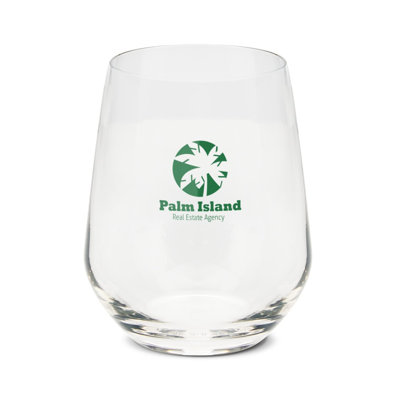 A clear stemless glass featuring a logo. Ideal for enjoying beverages. Vino Stemless Glass - Image 1