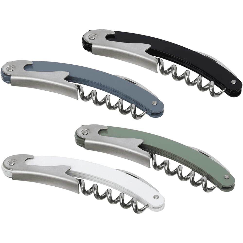 A set of four waitress knives in black, blue, green, and white, featuring a corkscrew and stainless steel accents. Seasons Nordkapp Waitress Knife - Image 1
