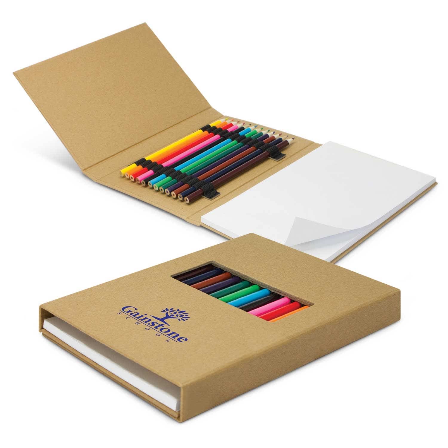 A creative sketch set featuring assorted coloured pencils in vibrant hues, presented in a cardboard case with an attached notepad. Creative Sketch Set - Image 1