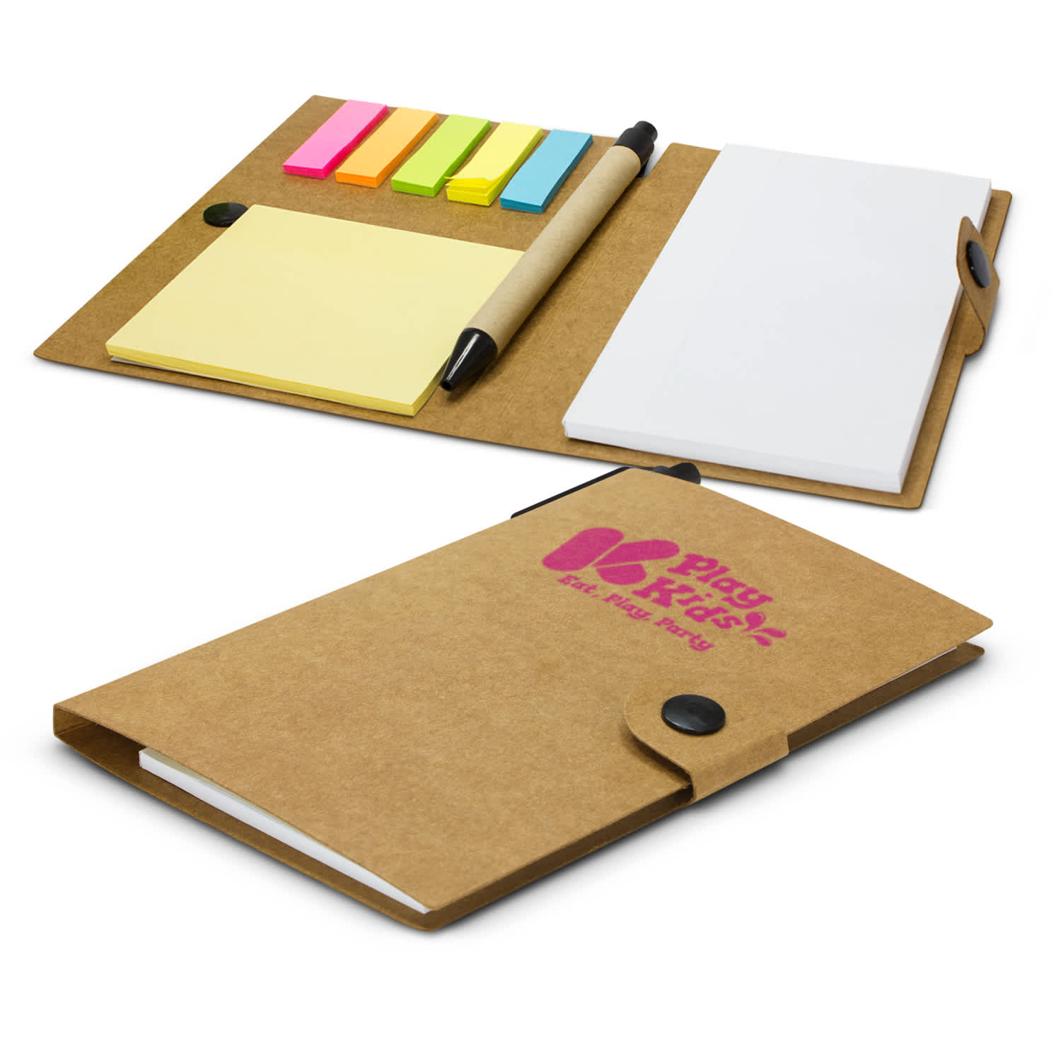 A brown notebook wallet with a pen, sticky notes in yellow and neon pink, and blank notepad sections. Beta Note Wallet - Image 1