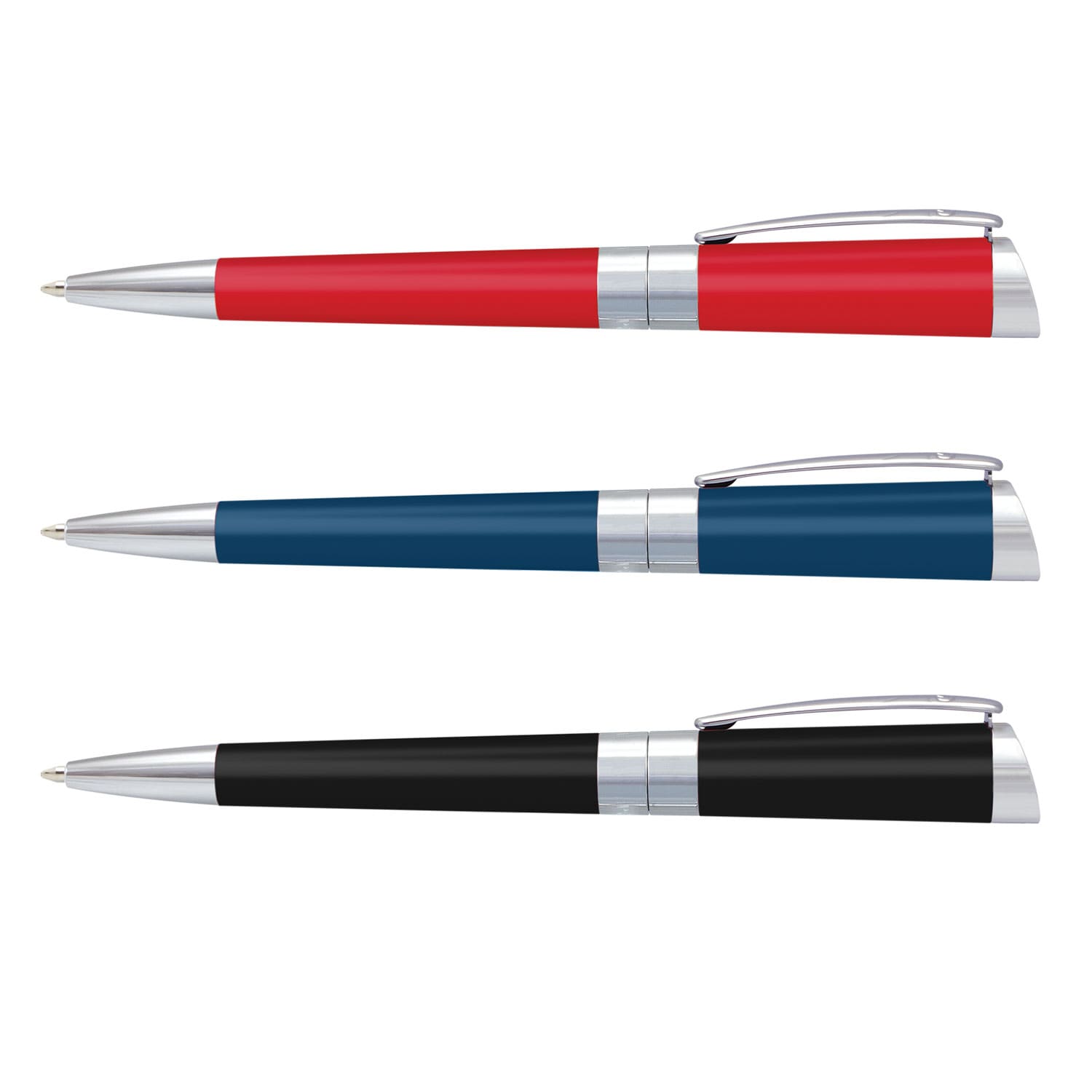 A set of three metal pens in red, blue, and black, featuring silver accents and a branding logo. Pierre Cardin Evolution Pen - Image 1