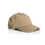 A beige five panel cap with a curved brim and an adjustable strap at the back, featuring a logo.