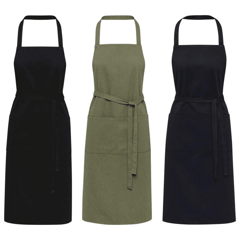 Three aprons in black, olive green, and dark grey with adjustable neck straps and waist ties. Each features a front pocket. Shara 240 g/m2 Aware Recycled Apron - Image 1