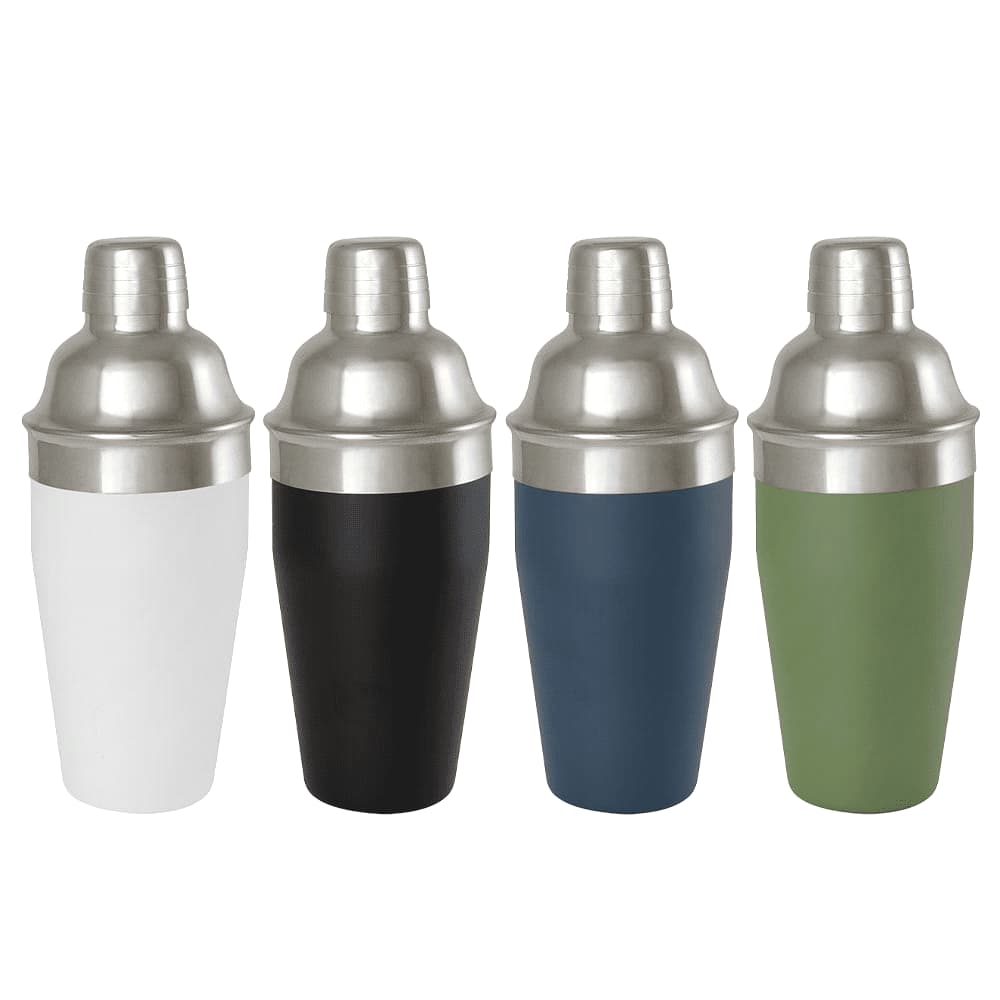 A selection of four cocktail shakers in white, black, navy, and green, with stainless steel lids and bases. Seasons Gaudie Recycled Stainless Steel Cocktail Shaker - Image 1