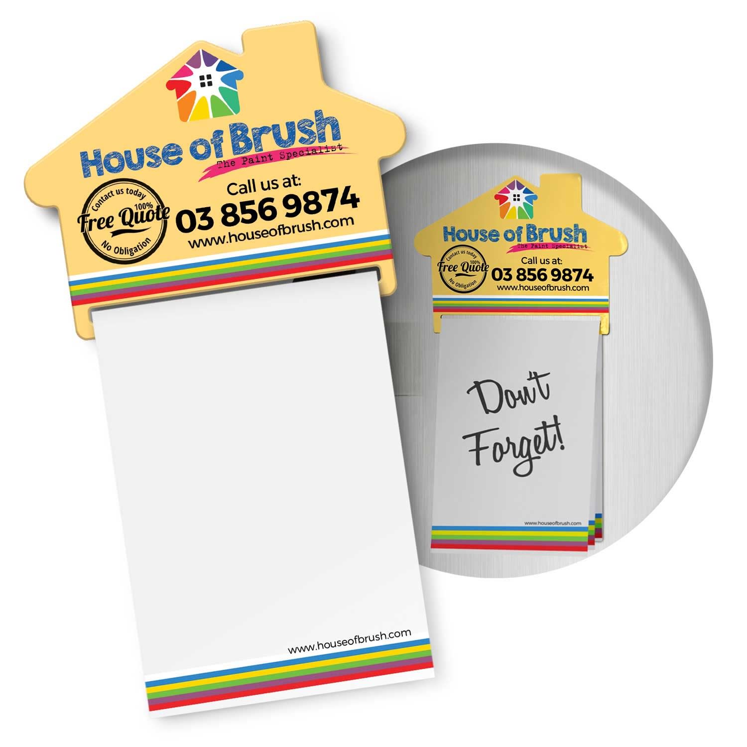 A magnetic memo pad in the shape of a house, featuring colourful accents and a branding logo at the top. Magnetic House Memo Pad A7 - Full Colour - Image 1