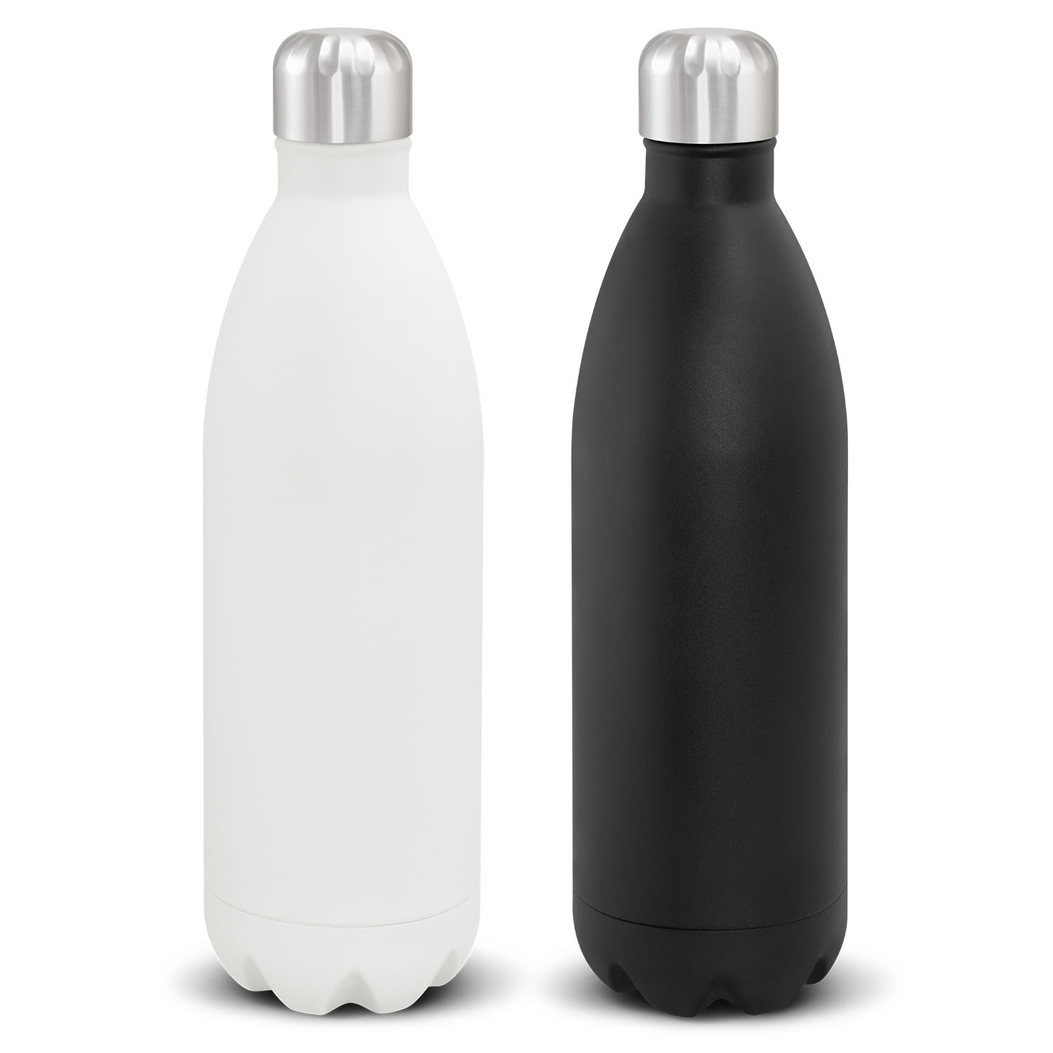 A drink bottle featuring a sleek design, available in white and black, with a stainless steel cap and base. Mirage Vacuum Bottle - One Litre - Image 1