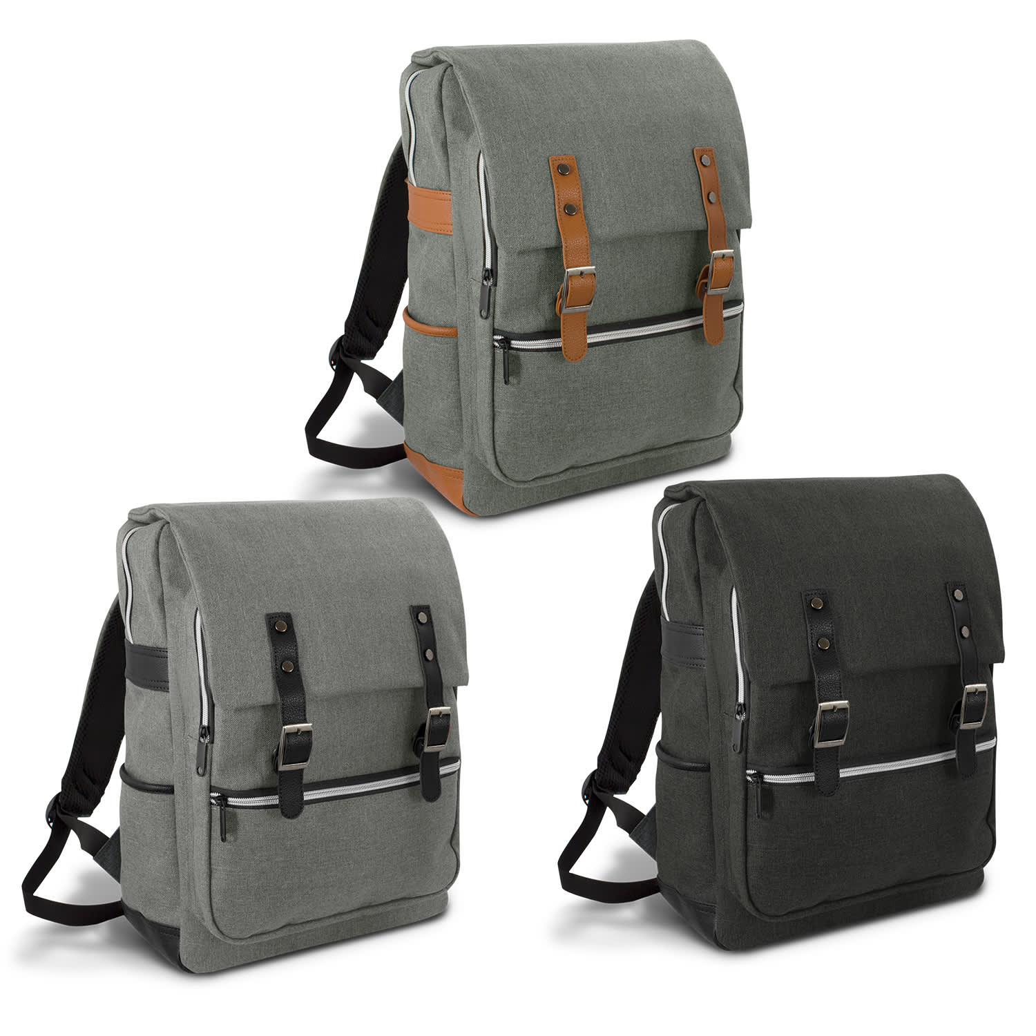 Three Nirvana Backpacks in grey, dark green, and light green, featuring adjustable straps and a logo. Nirvana Backpack - Image 1