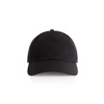 A black cap with a curved brim and a logo on the front, featuring a structured design and adjustable strap.