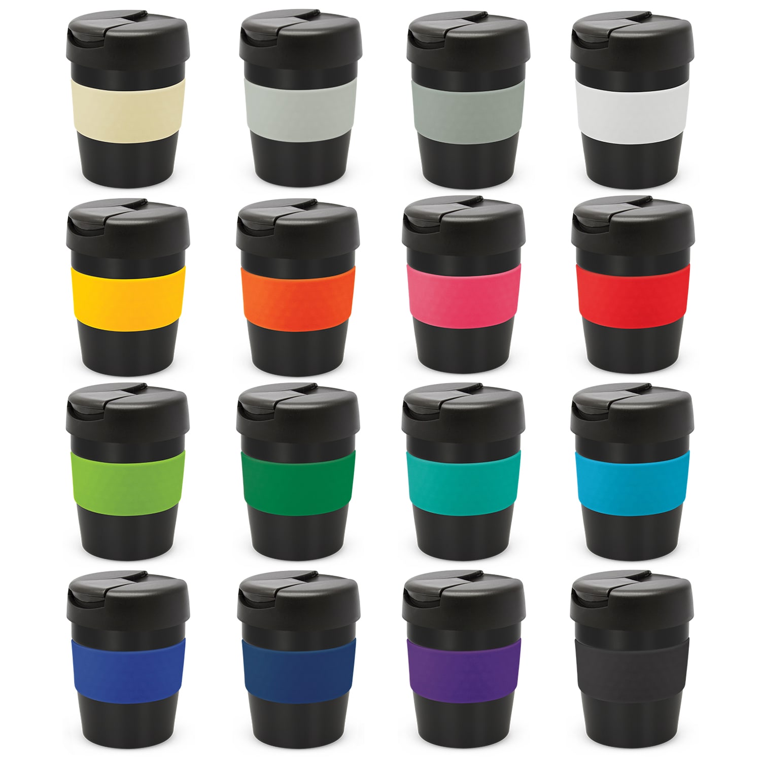A drink bottle collection featuring various coloured vacuum cups with black lids and a logo on each. Java Vacuum Cup - 230ml - Image 1