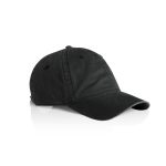A black faded cap with a curved brim and a logo on the side, displayed at an angle.