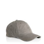 A faded grey cap with a curved brim and an emblem on the side.