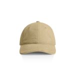 A light brown cord cap with a curved brim, featuring a simple design and a logo on the front.