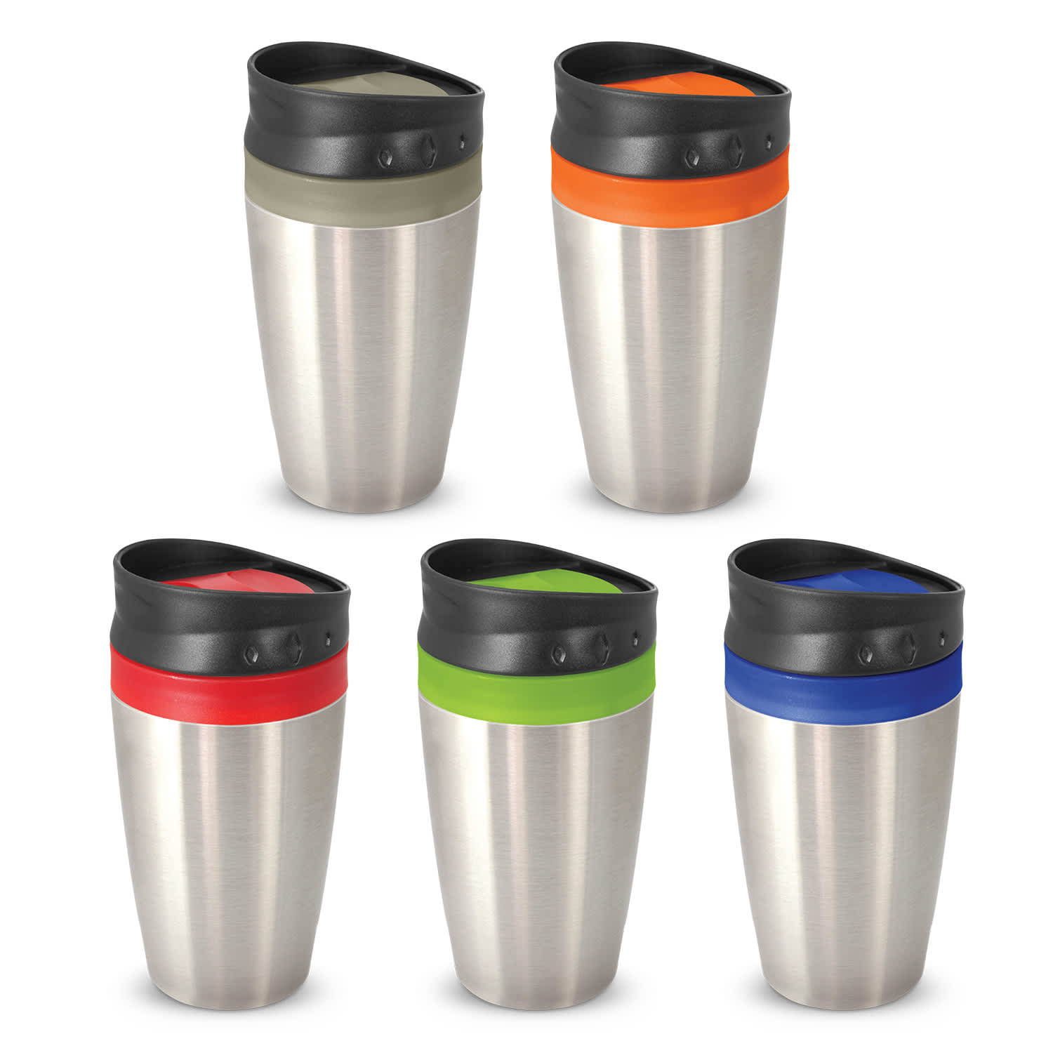 A set of five stainless steel coffee cups in grey, orange, red, green, and blue with black lids and a logo. Octane Coffee Cup - Image 1