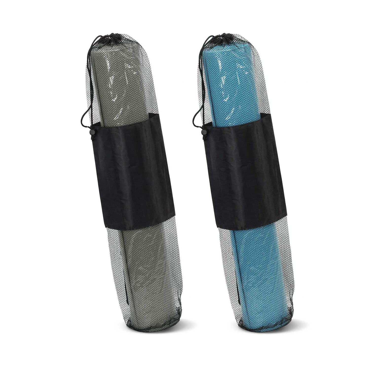 A pair of Zen Yoga Mats in olive green and teal, each enclosed in a black mesh carry bag. Zen Yoga Mat - Image 1