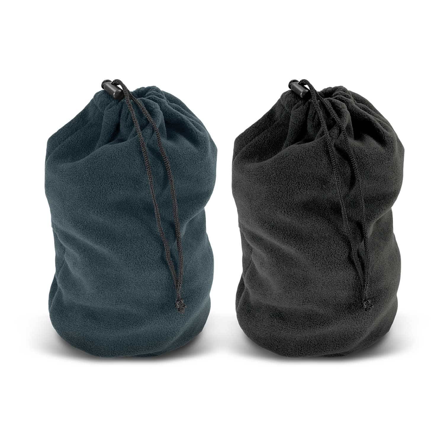 Two polar fleece drawstring bags in dark green and black, featuring a drawstring closure and a small logo. Polar Fleece Drawstring Bag - Image 1