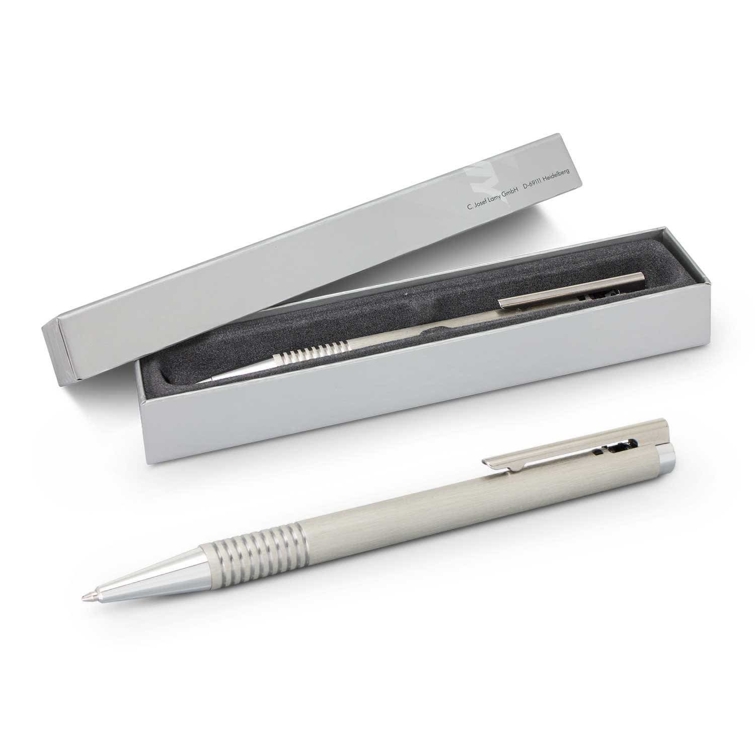 A brushed steel pen with a sleek design, presented in a stylish grey box with a soft interior. LAMY Logo Pen - Brushed Steel - Image 1