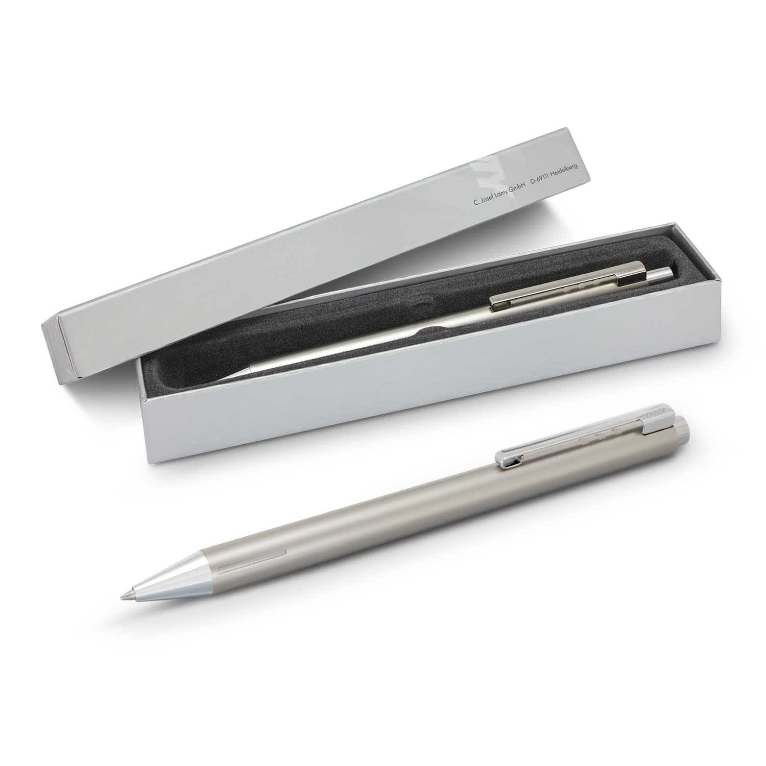 A Lamy Econ Pen with a sleek metal design, positioned next to its elegant packaging. LAMY Econ Pen - Image 1