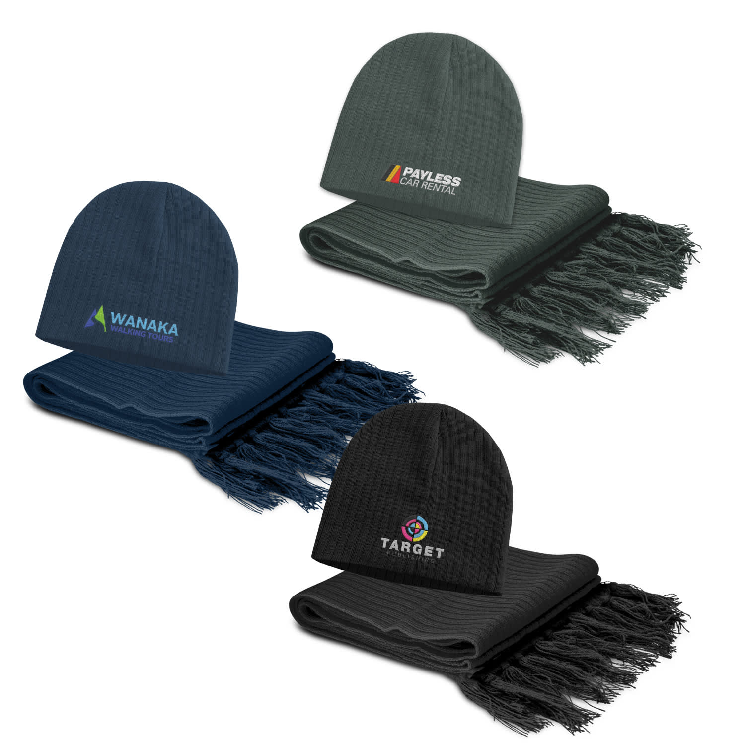 A set of three beanies in navy and black, paired with matching scarves featuring fringes and distinct logos. Nebraska Scarf and Beanie Set - Image 1