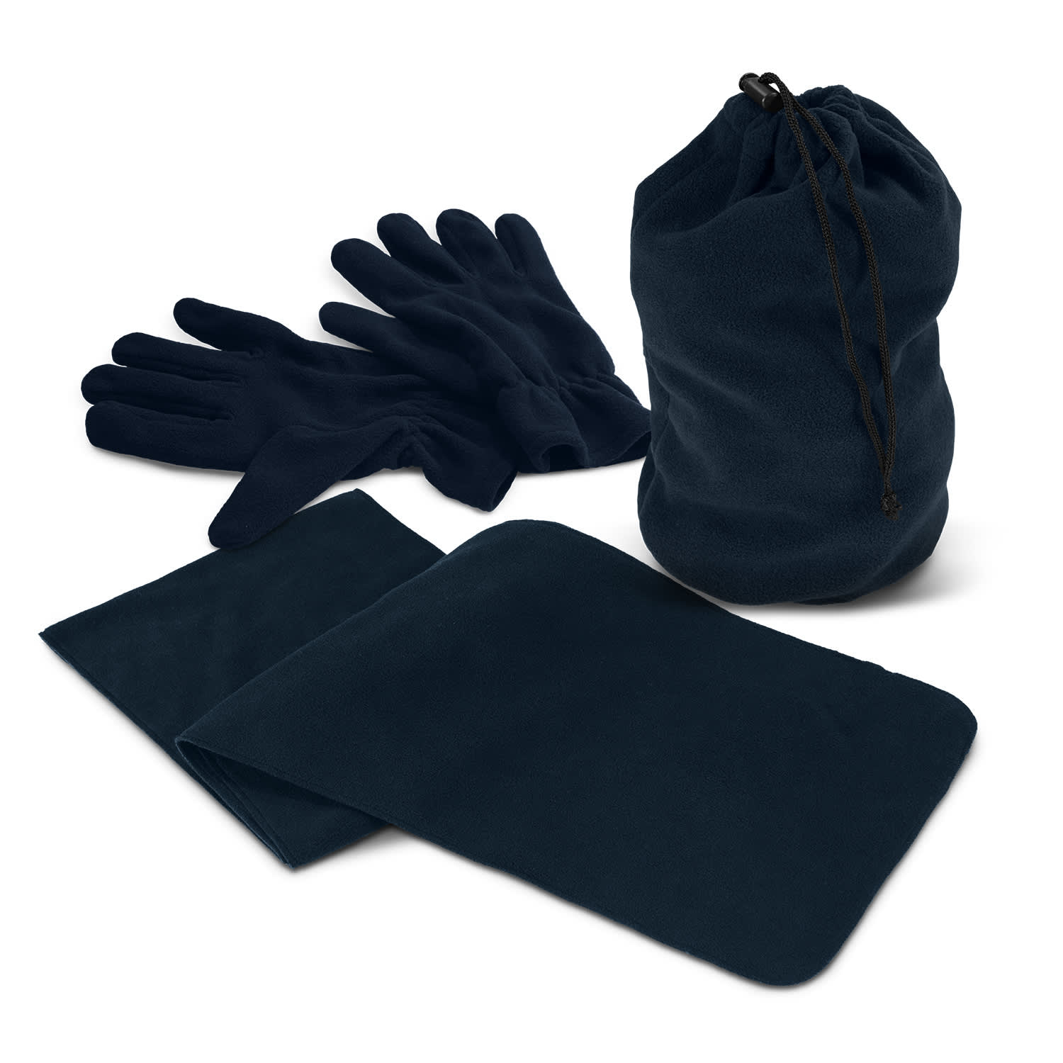 A navy scarf and gloves set, featuring a bag, gloves, and a scarf, all in a soft fabric. Seattle Polar Fleece Set - Image 1