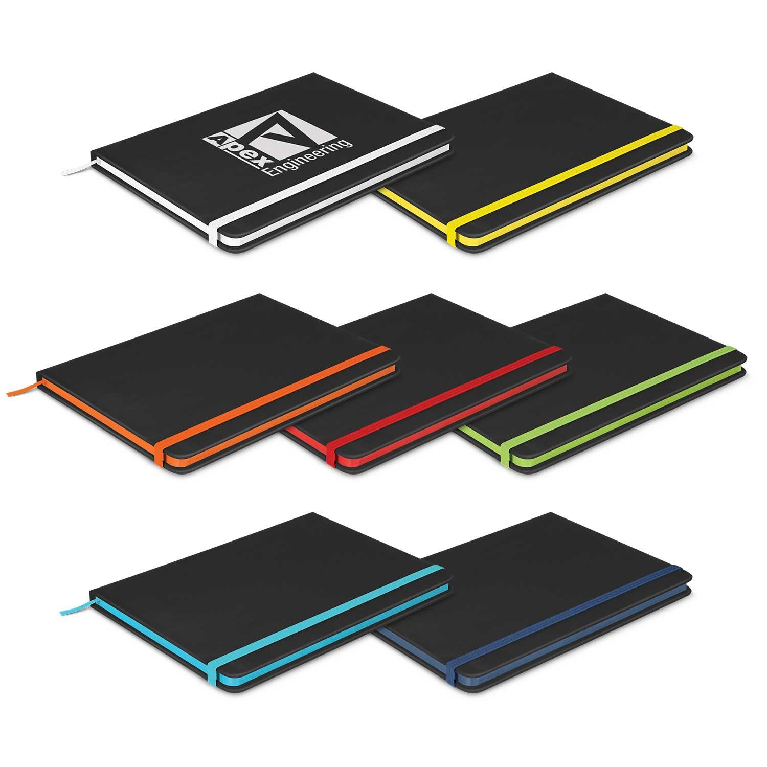 A collection of Omega Black Notebooks in black with coloured accents: yellow, red, green, blue, and teal. Each has a logo. Omega Black Notebook - Image 1