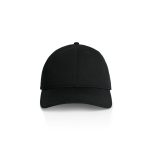 A black cap with a curved brim and adjustable strap at the back, featuring a logo.