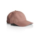 A beige cap with a curved brim and an adjustable strap, featuring a logo on the side.
