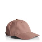 A pink cap with a curved brim and an adjustable strap at the back, featuring a logo.