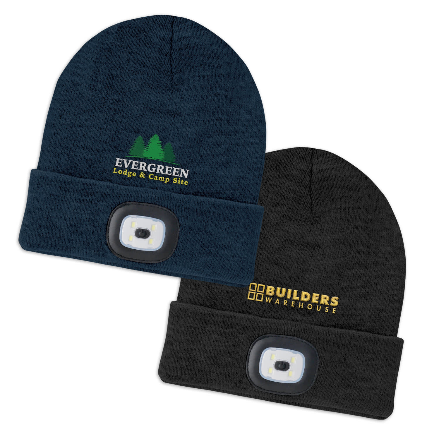 A navy beanie with a headlamp and logo, alongside a black beanie with a headlamp and another logo. Headlamp Beanie - Image 1