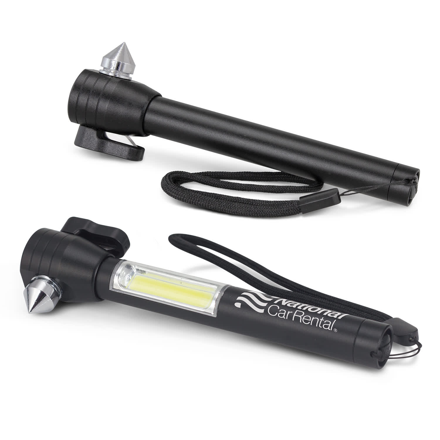 A black multi-tool with a flashlight, pointing tool, and a strap featuring a logo. Vehicle Safety Tool - Image 1