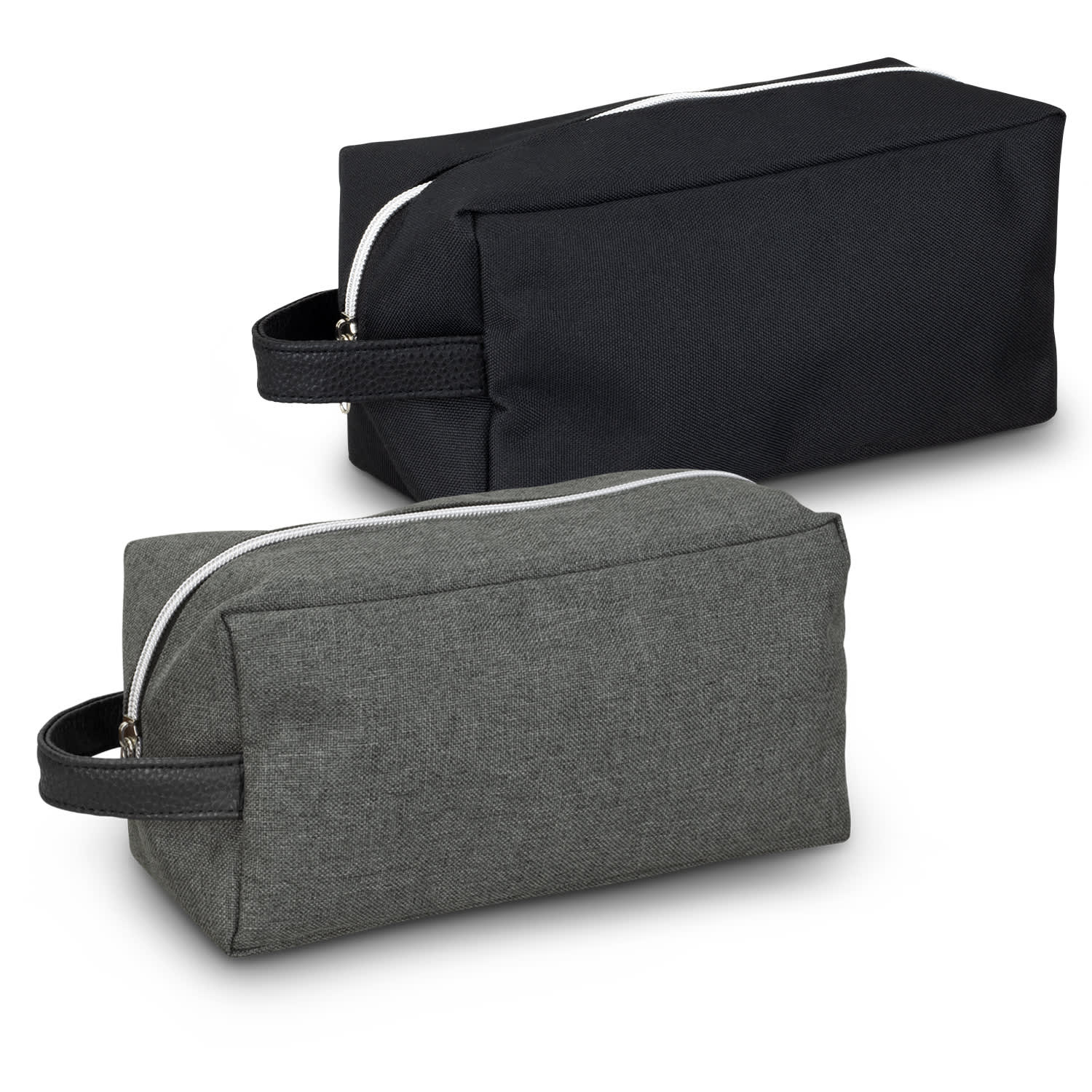 Two toiletry bags in black and grey with a textured finish, featuring a zip closure and a handle for easy carrying. Nirvana Toiletry Bag - Image 1