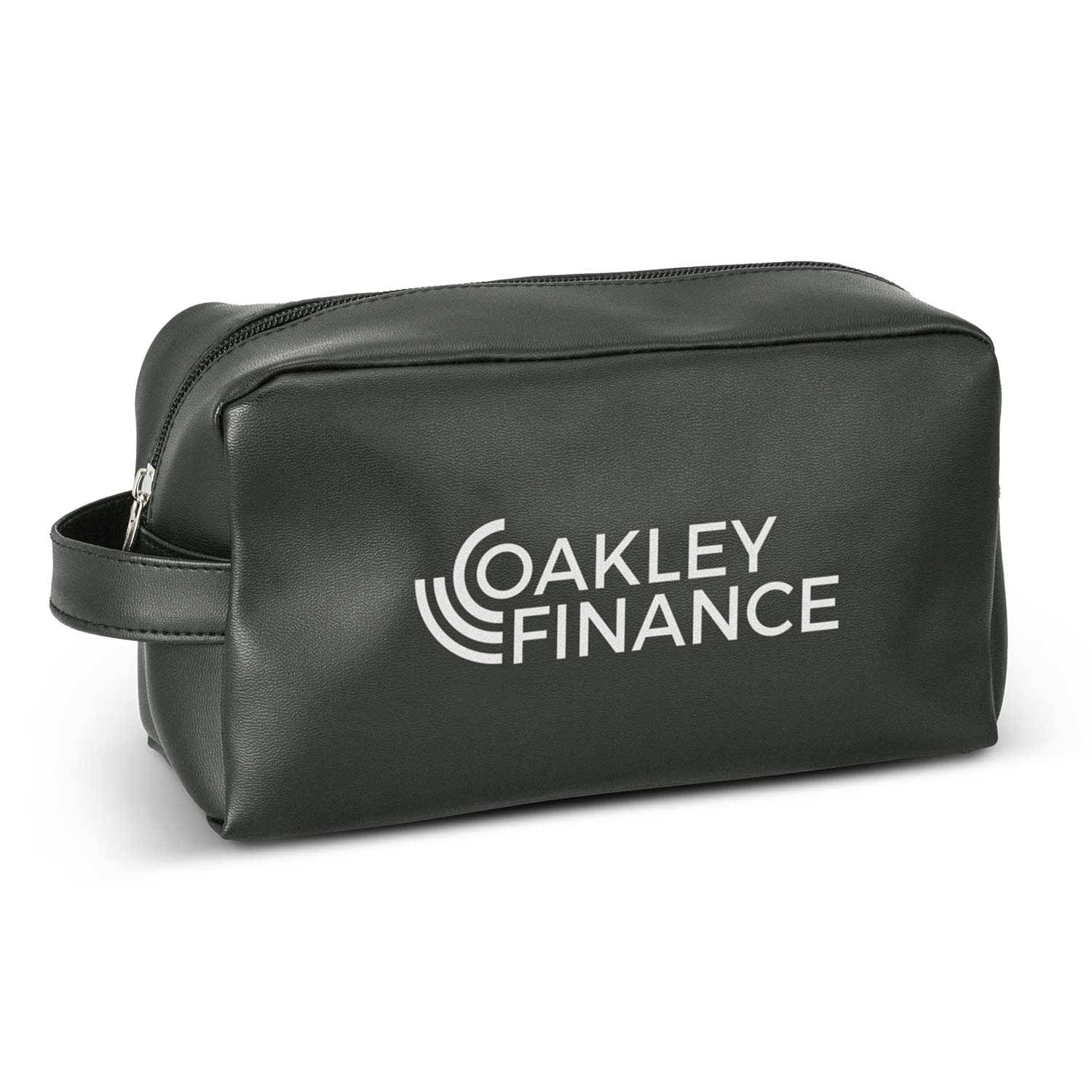 A green toiletry bag with a zip closure and a carrying handle, featuring the logo "OAKLEY FINANCE" printed in white. Portland Toiletry Bag - Image 1