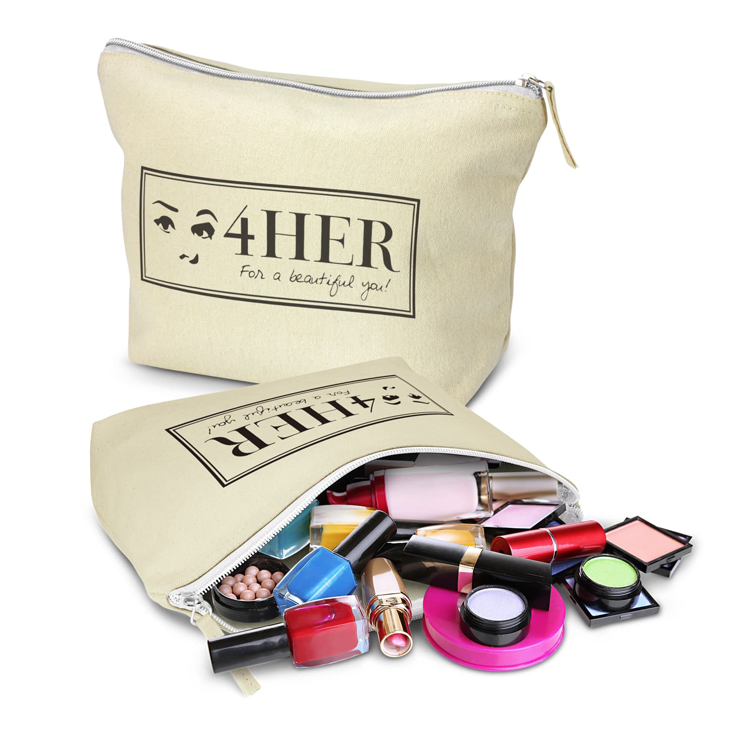 A large cream cosmetic bag filled with various makeup products, including lipsticks, eyeshadows, and nail polish. Eve Cosmetic Bag - Large - Image 1