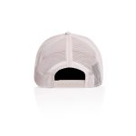 A trucker cap in light pink with a mesh back and adjustable snap closure. It features a logo on the side.