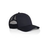 A black trucker cap featuring a mesh back and a solid front panel, designed for casual wear.