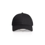 A black trucker cap with mesh panels and a solid front, featuring a logo on the front panel.