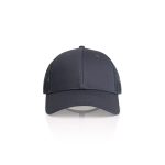 A grey trucker cap featuring a solid front and mesh back, with a logo on the front.